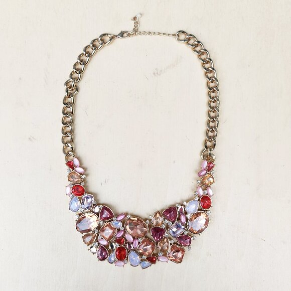 Gold and Pink Stone Cluster Statement Necklace - Picture 1 of 6